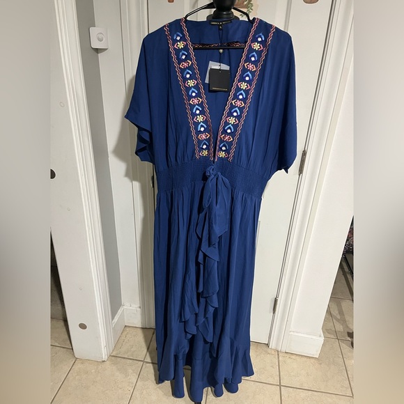 America & Beyond Embroidered Tie Waist Caftan Dress Navy Size XL - Picture 3 of 7